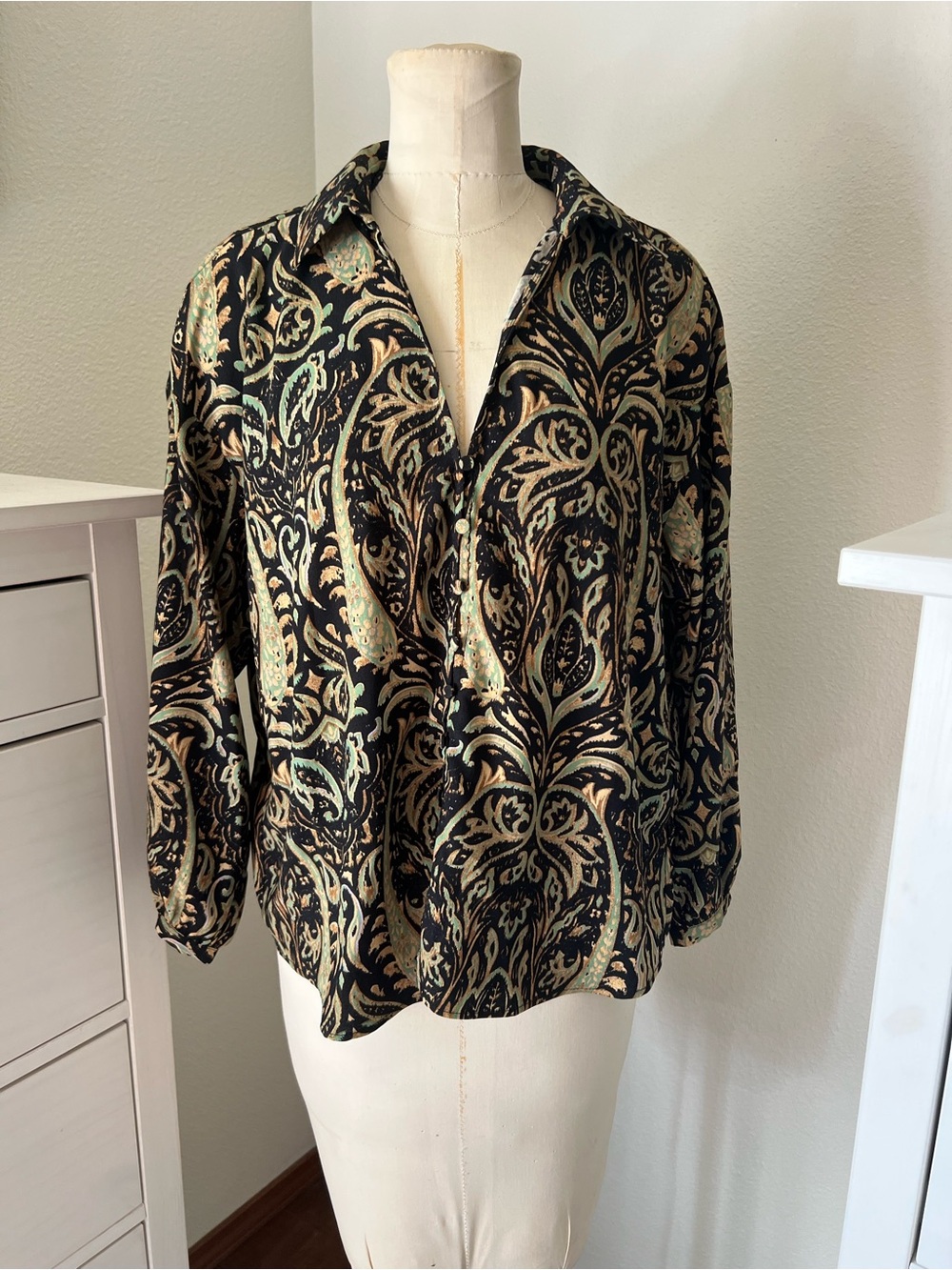 Zara Black Paisley-Print Button Down Shirt with Green & Cream Accents
